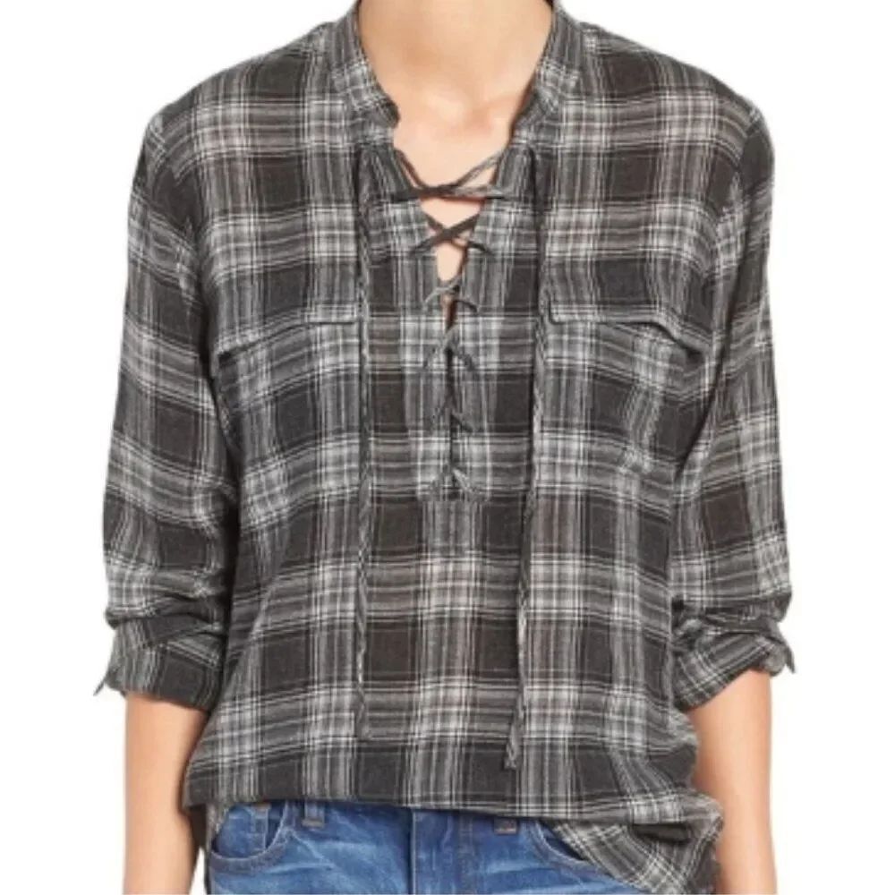 NWOT Madewell Wool Blend Gray Plaid Lace Up Long Sleeve Shirt in Size XS